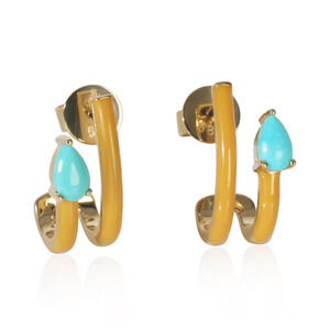 Yellow Gold Turquoise & Tan Enamel J Hoop Earrings